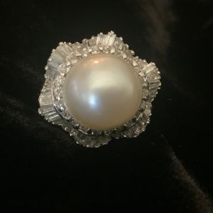 💎14KT Y/G 13.4mm South Sea Pearl Diamonds Baguette Ballerina Sz7